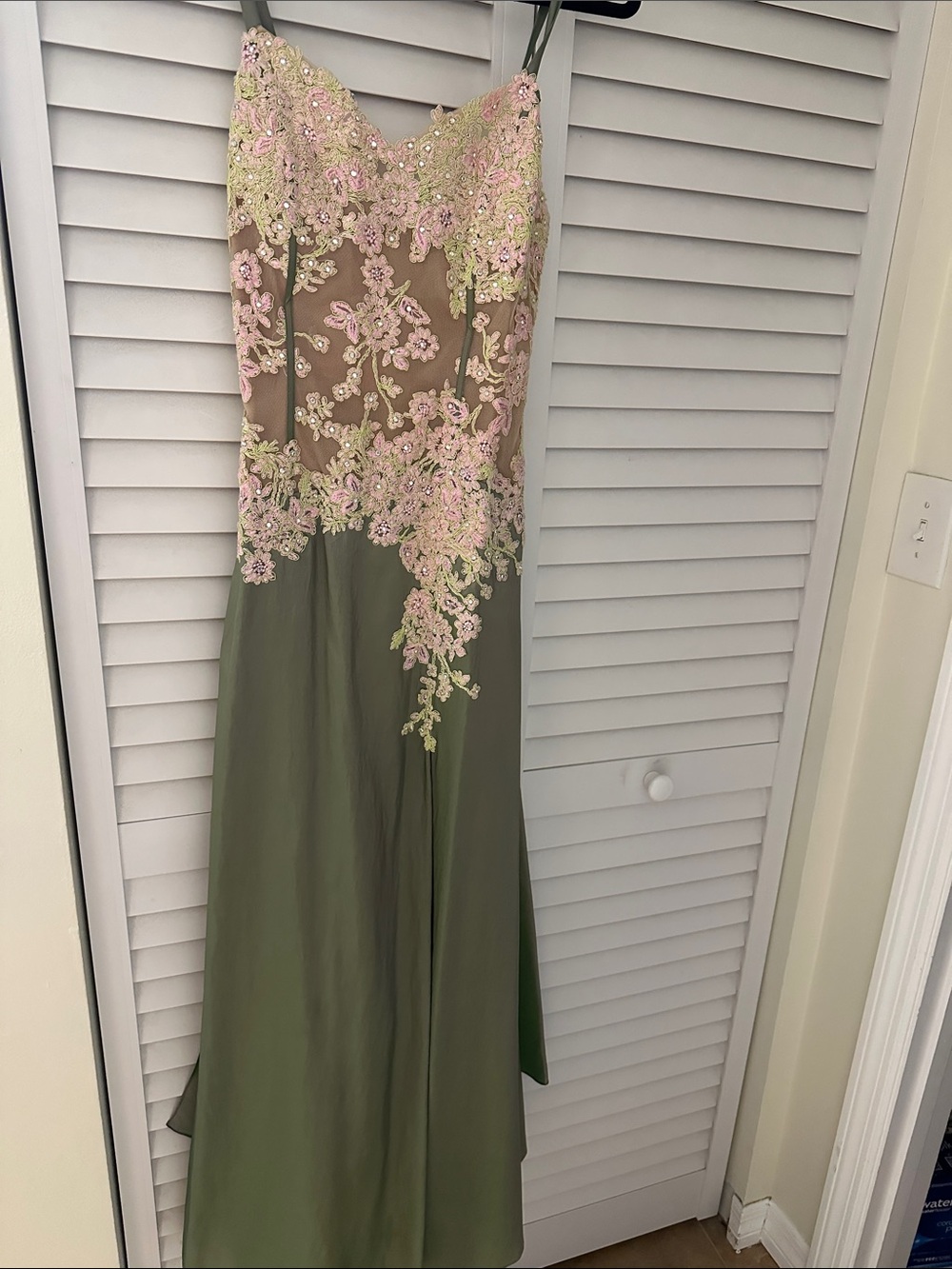 Jovani Olive Green Gown with Pink Lace Appliqué